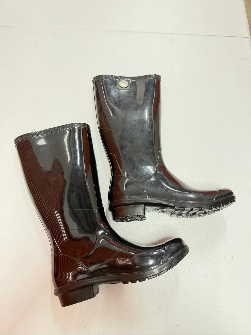 UGG Shaye Tall Glossy Black Waterproof Rain Boots Sheepskin Insoles 1012350